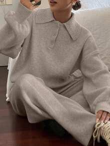 Livesso Women's Casual Collared Sweater And Pants 2 Pieces Set, Autumn