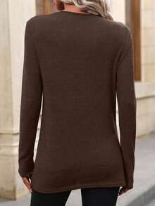EMERY ROSE 女士休闲纯色扭结前襟长袖T恤，秋季款 - 咖啡棕 - 查看 2