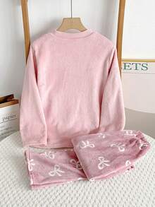 Genkimix Kids 2件套少女刺绣蝴蝶结爱心装饰法兰绒圆领长袖上衣和裤子睡衣套装