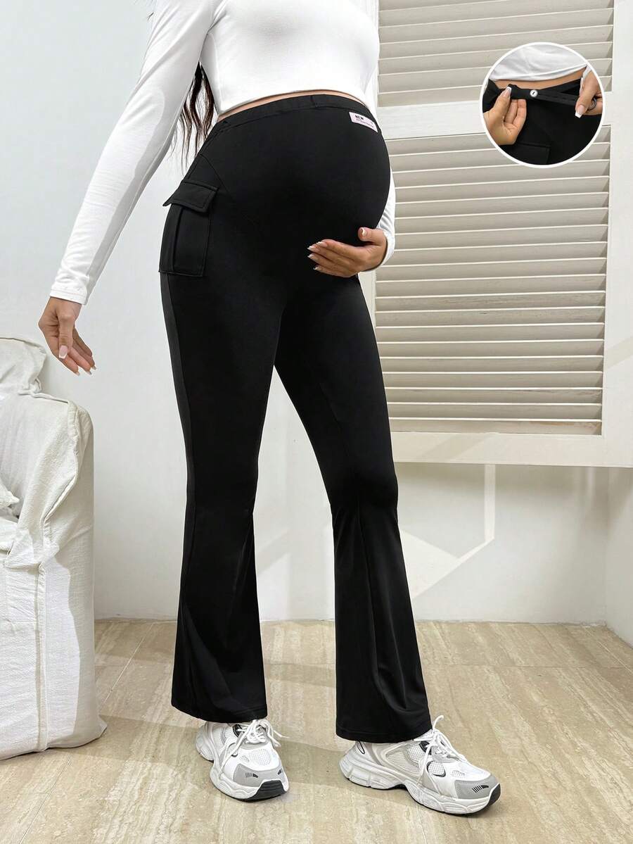 SHEIN Maternity Casual Solid Color Cargo Leggings - Black - View 1