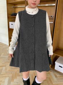 Dazy Plus Thick Woolen Fabric Sleeveless Short Casual Plus Size Women Mini Dress - Grey - View 4