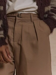 Musero 长款褶皱修身短裤 D 形环同色系腰带 秋冬衣橱 - 卡其色 - 查看 5