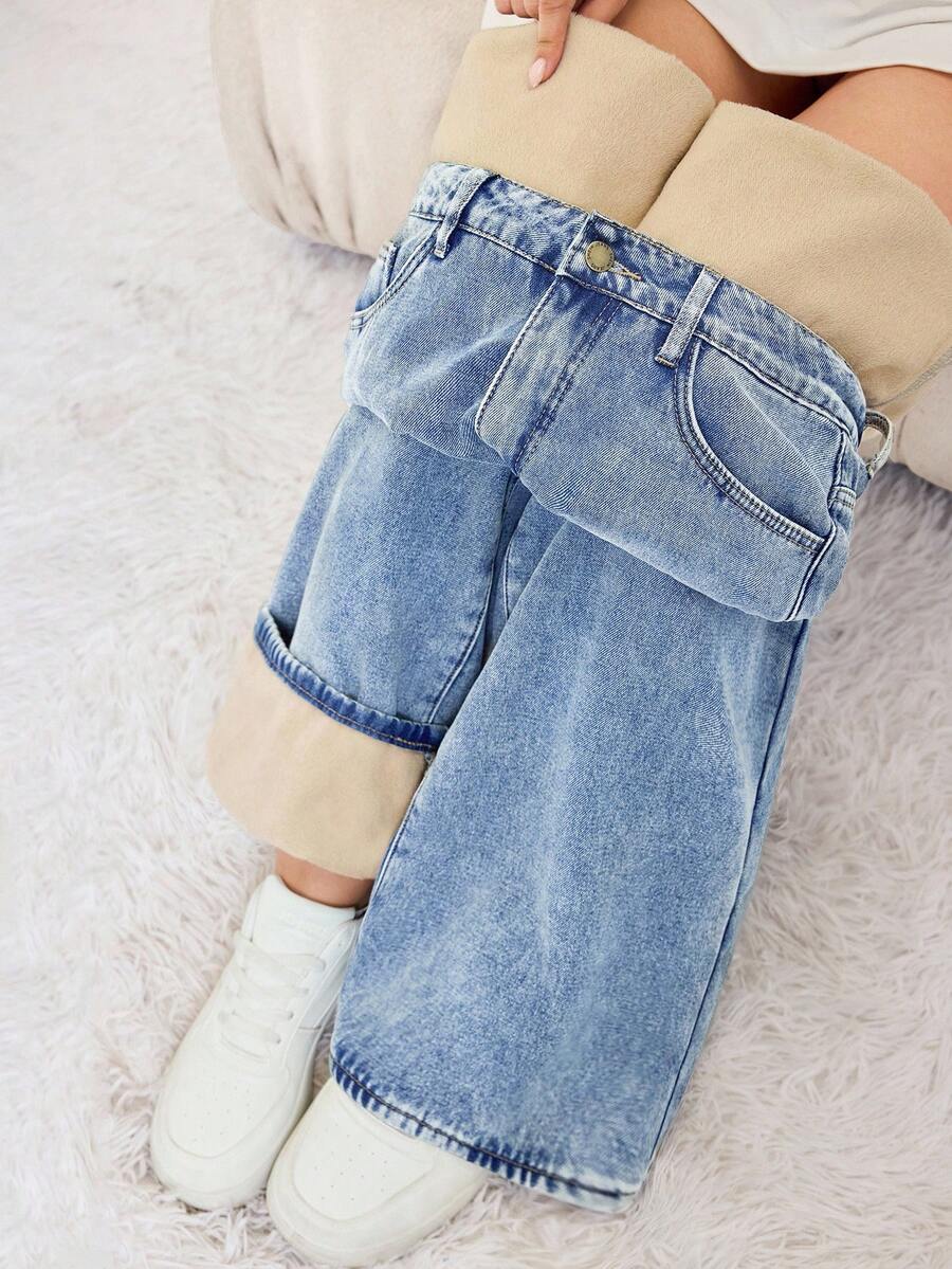 SHEIN Tall 女款藍色格紋冬季休閒場合保暖內裡寬腿牛仔褲,卡其色做舊低腰直筒鬆款口袋牛仔褲,適合高個女性 - 淺色水洗藍 - 查看 1