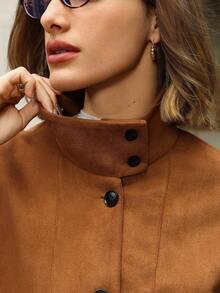 Hansera Women's Faux Suede Deer Fur Collar Long Sleeve Cardigan, Elegant Jacket, Suitable For Everyday Wear, Autumn/Winter Brown Outerwear Women Fall Clothing For Women,Brown Jacket, Brown Clothes,Winter - Brown - View 5