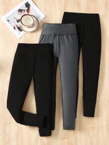 SHEIN Tween Girls Casual Versatile Simple Elegant High Waist Slim Fit PU Plus Stretch Knit Solid Black Leggings Three-Pack, Buy 1 Get 2 Free, Suitable For Autumn Winter Casual Daily Wear - Black - View 6