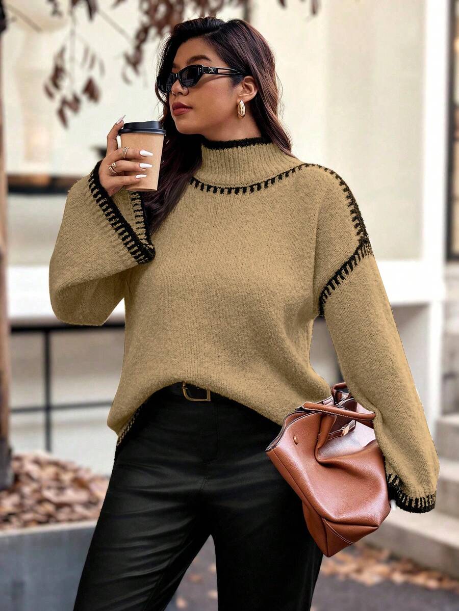 Vionelle Plus Size Women Knitted Pullover Sweater, Elegant Fashion Color Block Loose Fit Casual Versatile Top, Autumn/Winter Fall Sweater Jumper For Woman Brown Sweater Women Sweater Knitted Sweater - Khaki - View 1