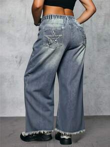 ROMWE Goth 大码女式休闲复古水洗蓝星刺绣装饰宽松直筒牛仔裤，秋冬大码女式下装牛仔裤 - 中等水洗藍 - 查看 1