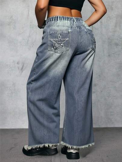 Goth Damen Große Größen Lässig Vintage ausgewaschene blaue Stern Stickerei Dekor Loose Straight Leg Jeans, Herbst/WinterDamen Große Größenn Boden Jeans Hosen