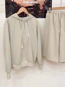 Franclia Women's Solid Color Long Sleeve Drawstring Hooded Sweatshirt And Shorts Casual 2-Piece Set, Autumn - Apricot - View 5
