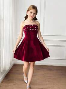 SHEIN 青少年女孩休闲日常外出串珠天鹅绒腰部收紧吊带裙，适合生日派对、红色连衣裙、圣诞节、新年 - 酒紅色 - 查看 2