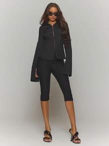 MUSERA 修身拉链裤脚细节七分裤（仅裤子）街头风酷炫夜店日常性感玛瑙色 - 黑色 - 查看 1