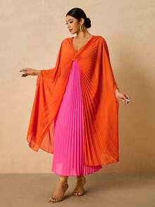 Travachic 大码女式橙色和紫红色拼接褶皱V领长袖宽松派对连衣裙 - 彩色 - 查看 7