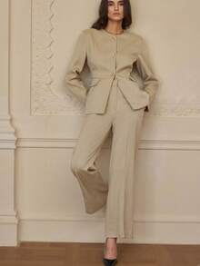 Revavyn 两件套：时尚翻领装饰通勤西装外套和休闲裤 - 卡其色 - 查看 5