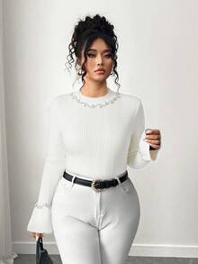 Elenzga Plus Size Women Elegant Beaded French Flare Sleeve Knit Pullover