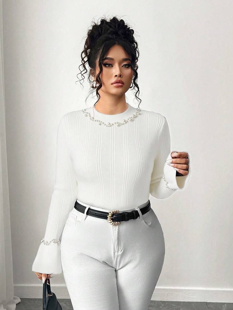 Elenzga 大码女式优雅串珠法式喇叭袖针织套头衫 - 白色 - 查看 1