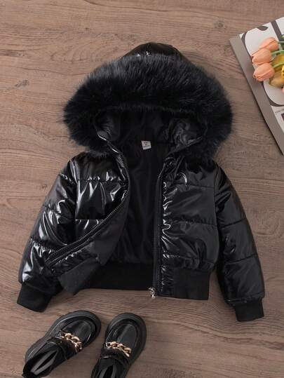 Girls (Small) Black Hooded Thick High Waist Ribbed Fitted Fashionable Padded Coat, Casual Versatile Outerwear For Autumn/Winter Black Jacket For Kids Girls Black Jacket Kids Bomber Jacket