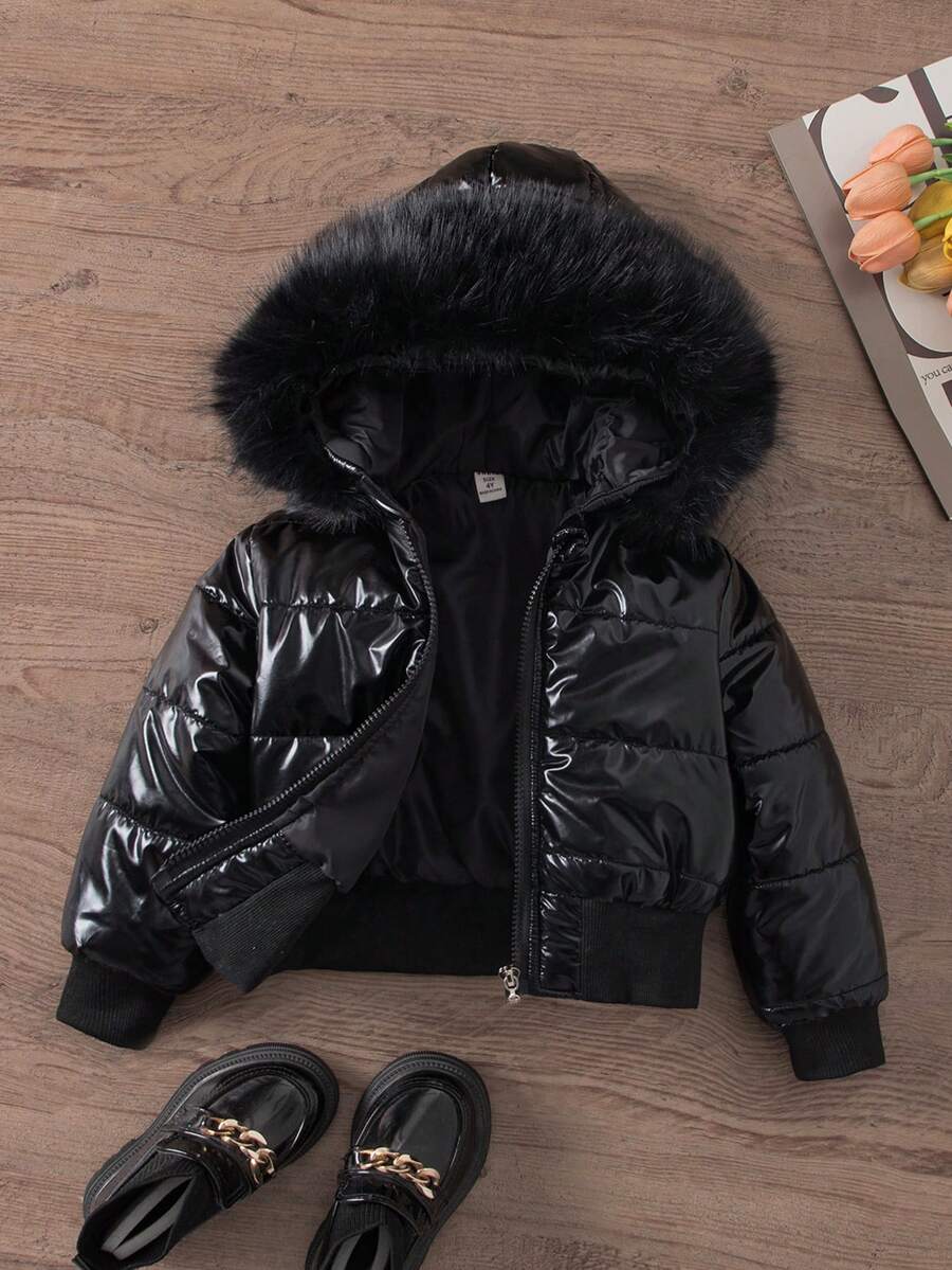 女童黑色连帽加厚高腰罗纹修身时尚羽绒服,秋冬季休闲百搭外套,儿童黑色夹克,女童黑色夹克,儿童飞行员夹克 - 黑色 - 查看 1