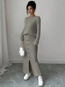 Elenzga Women's Casual Solid Color Sweater And Button-Up Knit Skirt Set, Autumn/Winter - Light Grey - View 4