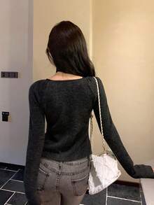 DAZY 女士蕾丝拼接系带长袖T恤，秋冬款 - 灰色 - 查看 6