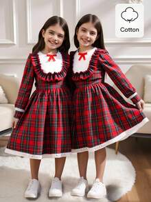 Tween Girl Red And White Plaid Dress,Cute Back-To-School Fashion For Autumn School,Red Ribbon Bow,White Lace Hem Princess Halloween Christmas Party - Multicolor - View 1