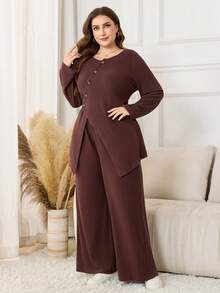 Lacomfia Plus Size Women's Solid Color Single-Breasted Long Sleeve Split Hem Top And Wide Leg Pants Casual 2-Piece Set - Coffee Brown - View 4