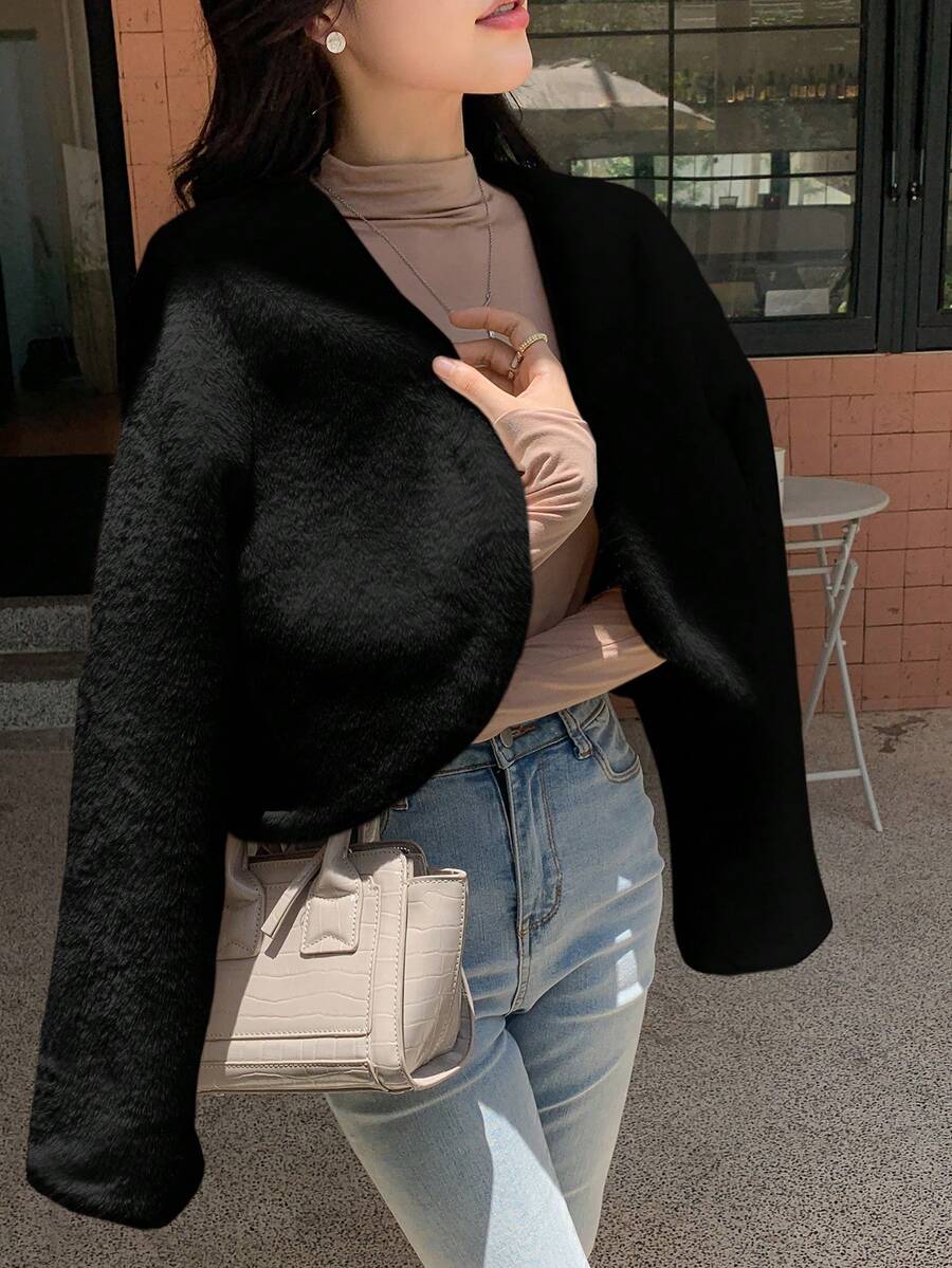 DAZY Áo khoác ngắn tay hở trước màu trơn dành cho nữ, mùa thu/đông - màu đen - Xem 1