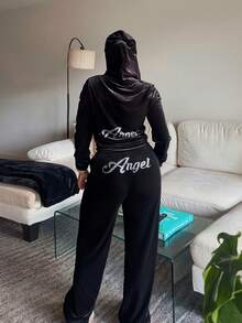 Tyla Gomez Black Velvet Rhinestone Decorated Hooded Zip-Up Top And Pocket Pants Women Casual Sport Suit - Black - View 2