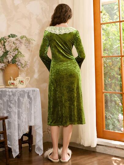 Côtesoire Elegante French Romantic Kanten Ruffle Splice Fluwelen Button Women Nightgown Groen Dress view 2