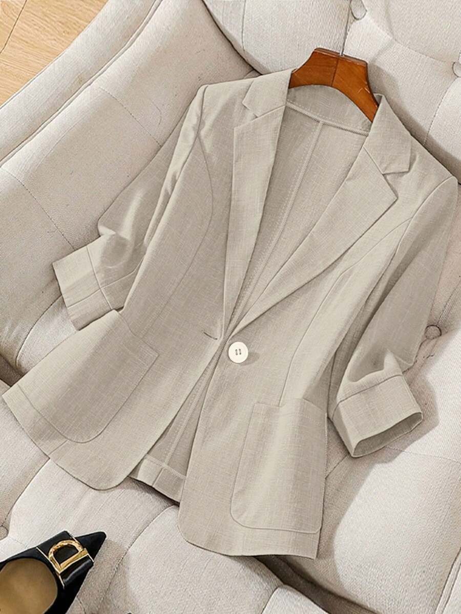 Franclia Áo khoác blazer dài tay tối giản màu trơn dành cho nữ - Màu be - Xem 1