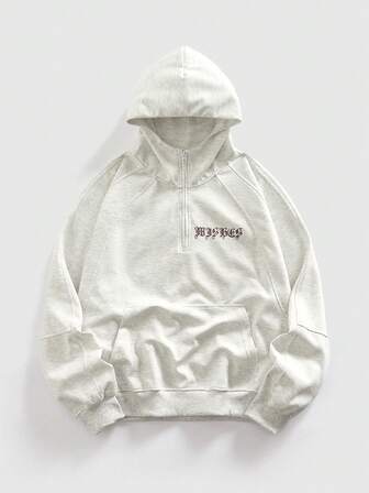 Street Life بلوزة هوديي كاجوال للرجال بجيب كنغر وطباعة شعار وكوكب، نصف سحاب، ملائمة للربيع والخريف