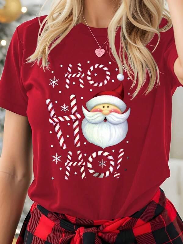 Chiquease Camiseta de manga corta con cuello redondo y estampado de Papá Noel "Hohoho" y copos de nieve para mujeres, ropa de otoño/invierno para Año Nuevo