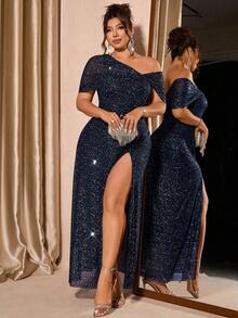 Cravure 大码女装新款时尚金属箔网纱露肩连衣裙 - 藏蓝色 - 查看 5