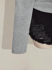 SHEIN ICON 加大码金属孔眼装饰斜肩针织长袖卫衣，Y2K复古时尚宽松斜肩针织卫衣，适合秋冬季穿着 - 灰色 - 查看 5