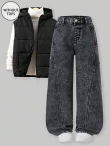 SHEIN Explorewe 青少年男孩牛仔裤，休闲做旧浅灰色牛仔裤，学院风街头服饰，舒适棉混纺，适合户外、学校、派对、返校季 - 灰色 - 查看 1