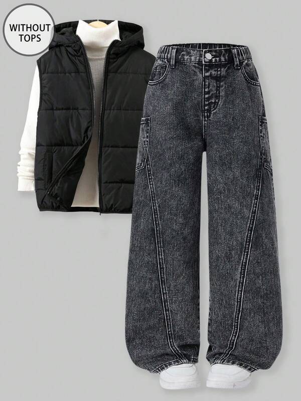 SHEIN Explorewe 青少年男孩牛仔裤，休闲做旧浅灰色牛仔裤，学院风街头服饰，舒适棉混纺，适合户外、学校、派对、返校季