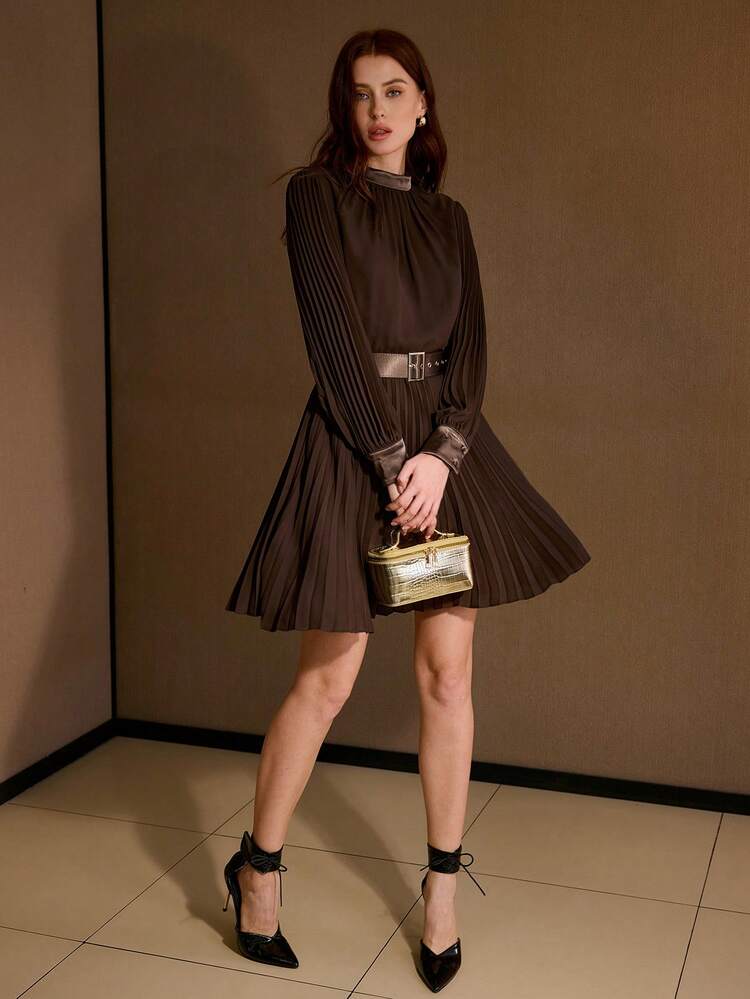 SOLID MOCK NECK LANTERN SLEEVE PLEATED BUCKLE BELTED SHORT DRESS