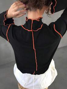 FRIFUL 女士黑色纯色高领长袖撞色滚边后领抽绳镂空设计修身休闲百搭T恤，秋冬款 - 黑色 - 查看 5