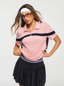 SHEIN Sovereign Charm Camisa polo deportiva de mujer con bloques de color rosa y azul marino, top deportivo de manga corta, ropa deportiva casual de golf y tenis, tenis rosa, tops de tenis, camisa de tenis - Rosa - Ver 7