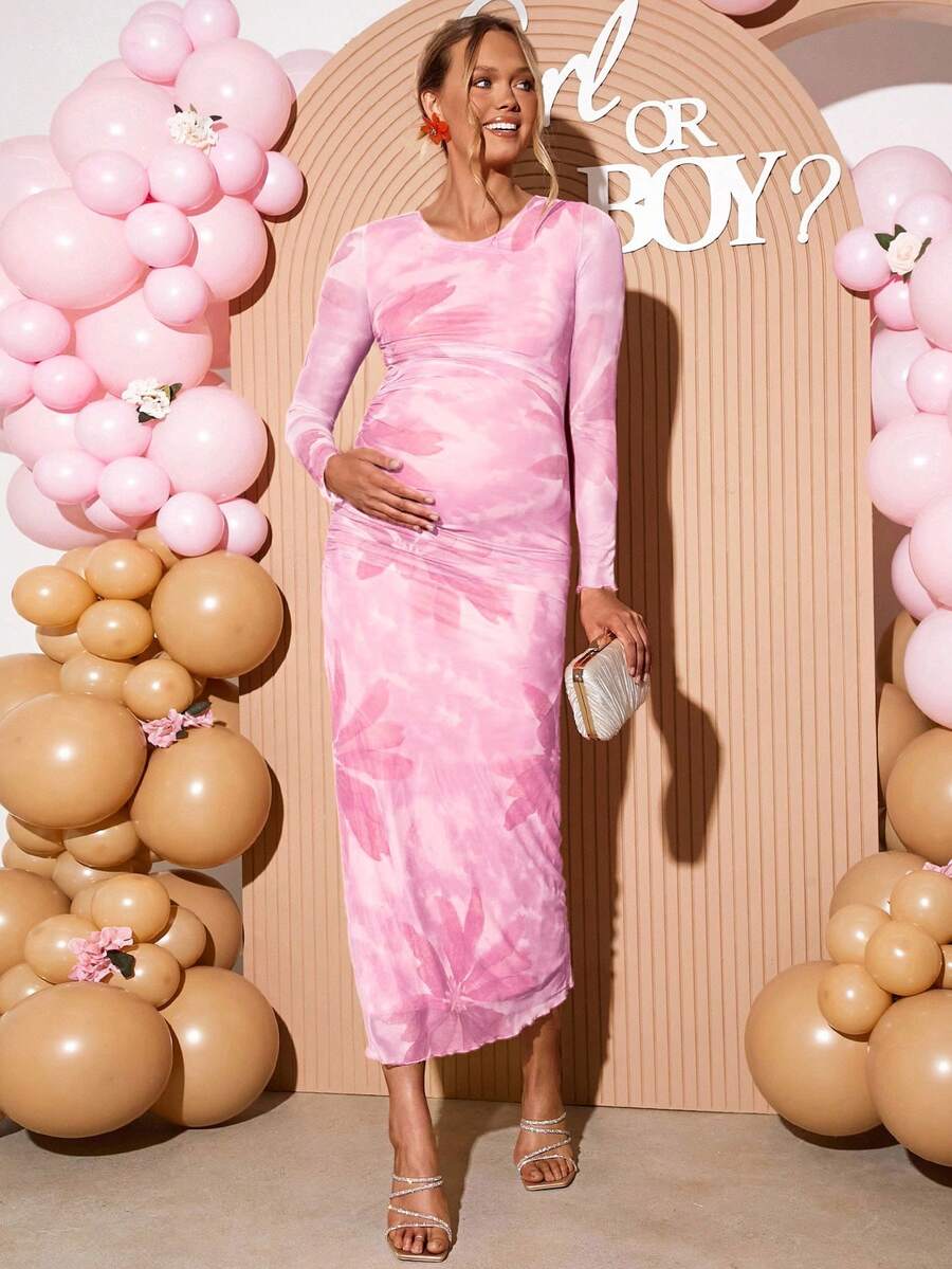 Loomaby Elegant Maternity Party Floral Print Ruched Bodycon Dress Babyshower Dress Maternity Maternity Dress Pink Pregnancy Photoshoot Dress Baby Shower Dress Pink - Pink - View 1