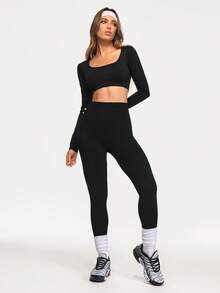 Eassivo Eassivo Women's Seamless Black 2 Piece Workout Set,Long Sleeve Open Back Crop Top & High Waist Scrunch Leggings, Yoga Outfit Gym Activewear - Black - View 3