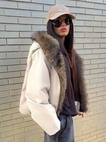 DAZY 女士拼接毛领宽松长袖连帽休闲街头风羽绒服，秋冬款 - 杏色 - 查看 5