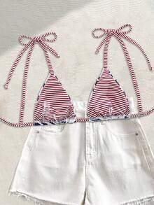 Swim Vcay 时尚甜美肩部系带蝴蝶结装饰无钢圈可拆卸胸垫性感沙滩/机场比基尼上衣，女士，春夏款 - 彩色 - 查看 2