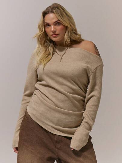 MUSERA 加大码长袖露肩纹理上衣，舒适保暖，适合秋季、冬季穿着，可爱百搭，日常百搭