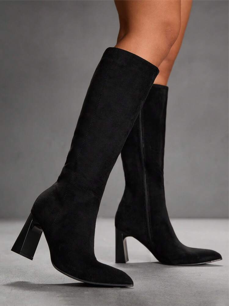 CUCCOO SZL Women's Fashionable Elegant Black Suede Chunky High Heel Pointed Toe Knee-High Boots