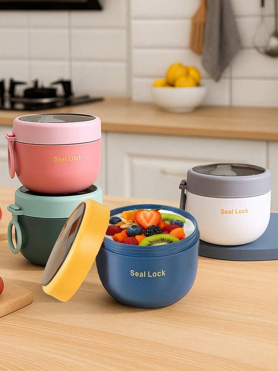 燕麦早餐杯,便携式酸奶杯,带盖勺子和硅胶手柄,食品容器,午餐盒,防漏食品储存容器,适用于家庭、学校、办公室、旅行、户外野餐、学习用品 - 彩色 - 查看 1