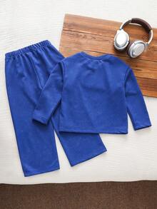 Genkimix Kids Genkimix 儿童卡通印花宽松圆领T恤和裤子两件套休闲运动服套装，适合年轻女孩，春、夏、秋、冬四季穿着。 - 藍色 - 查看 2