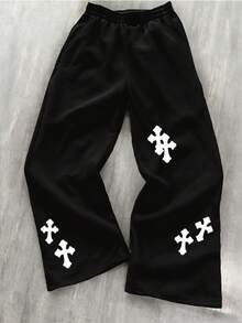 Teenage Boys' Casual Loose Fit Sweatpants With Pockets, Minimalist Cross Print, Black, Versatile Straight Leg Joggers