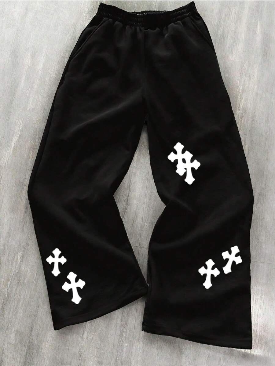 Teenage Boys' Casual Loose Fit Sweatpants With Pockets, Minimalist Cross Print, Black, Versatile Straight Leg Joggers