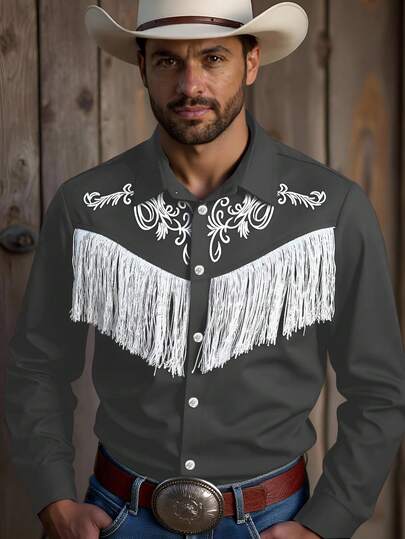 Manfinity Nomadique Men's Casual Vintage Fringe Decor Front Button Long Sleeve Shirt, Autumn Western Mens Wear Mens Fringe Shirt Men Mexican Shirt