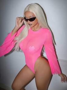 3件套女士纯色圆领插肩喇叭袖修身性感透视连体裤 - 玫紅色 - 查看 4